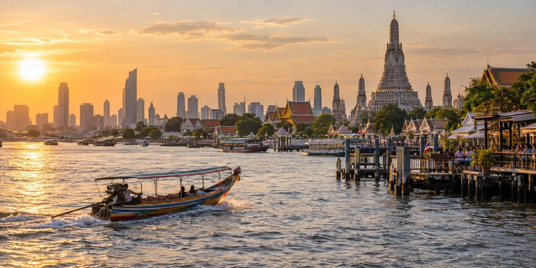 Bangkok skyline, temples, Chao Phraya River, and long-tail boat at sunset
