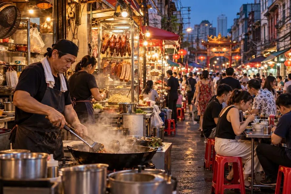 Bangkok Chinatown street-food cooks, diners, and historic shophouses at blue hour