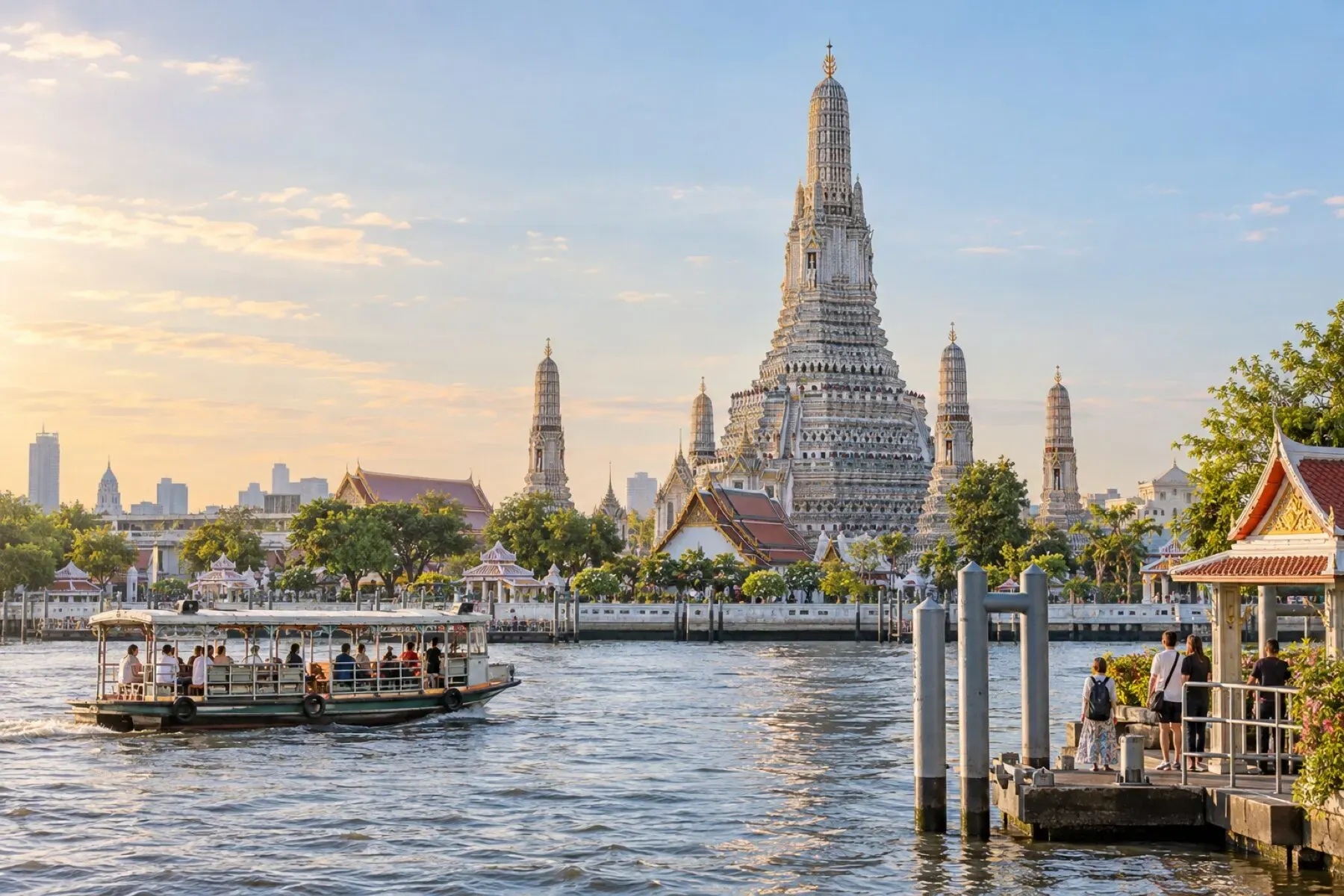 Wat Arun beside the Chao Phraya River with a local ferry in Bangkok