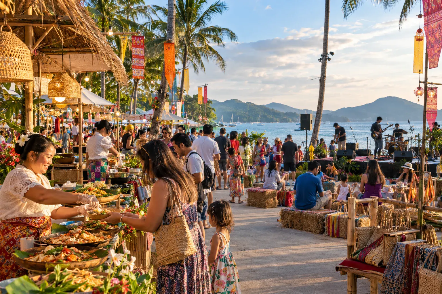 A Phuket waterfront festival with local food, crafts, music, and families beside the sea