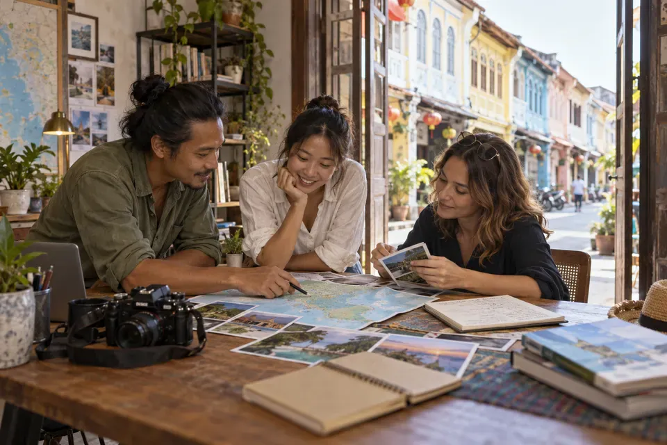 Local editorial team reviewing Phuket maps, photographs, and field notes