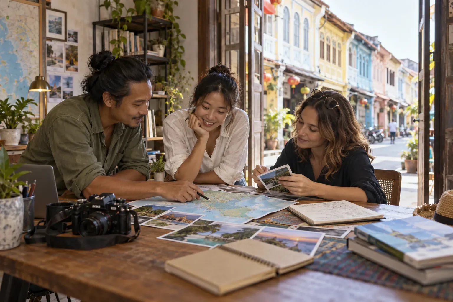 Local editorial team reviewing Phuket maps, photographs, and field notes