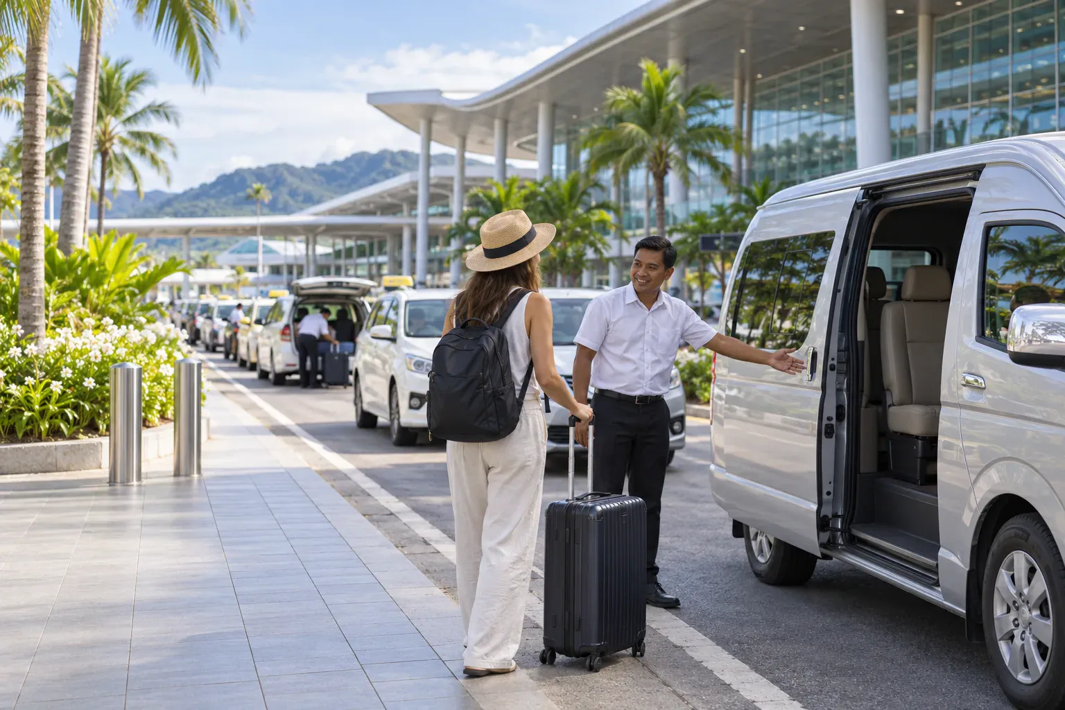 Travelers meeting licensed drivers outside Phuket International Airport arrivals