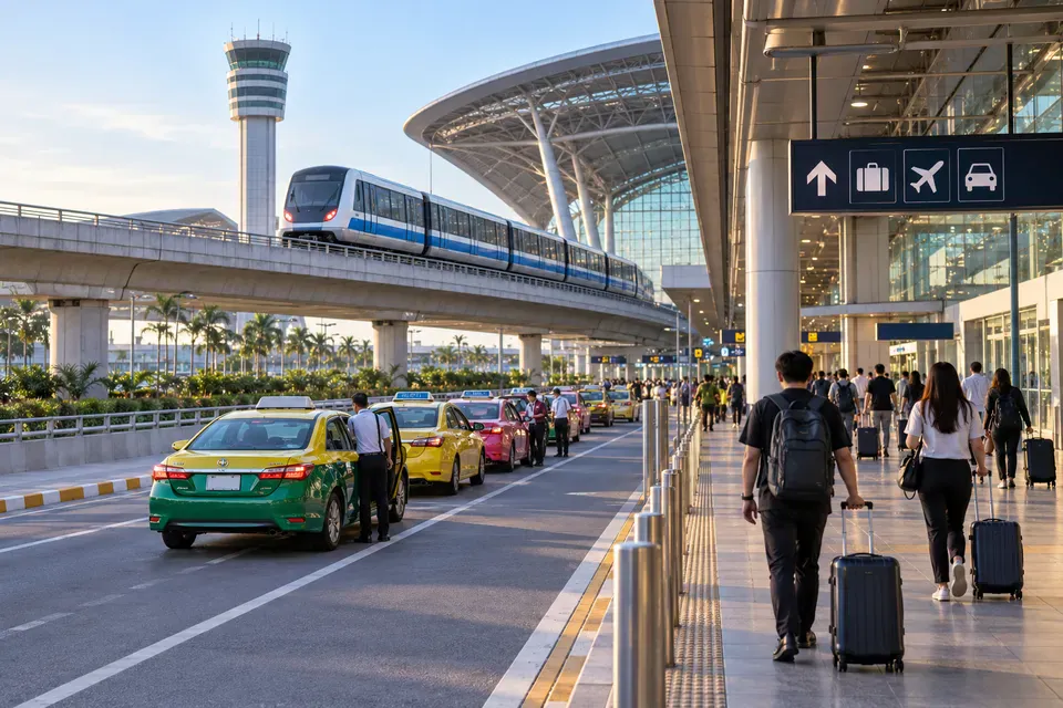 Bangkok airport rail train, licensed taxis, and travelers with luggage