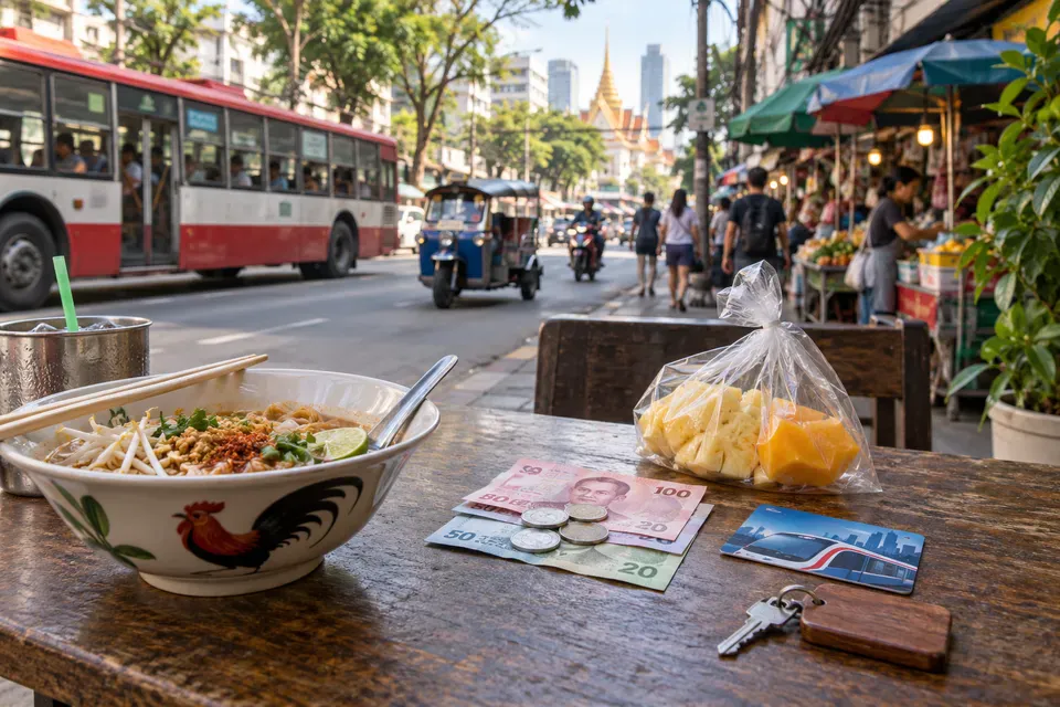 Bangkok budget travel items with local meal, baht, transit card, and market