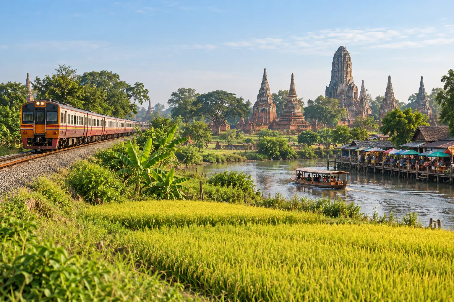 Train traveling through Thai countryside toward Ayutthaya temple ruins