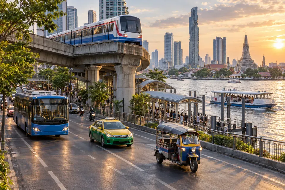 Bangkok BTS train, bus, taxi, tuk-tuk, and river ferry connections