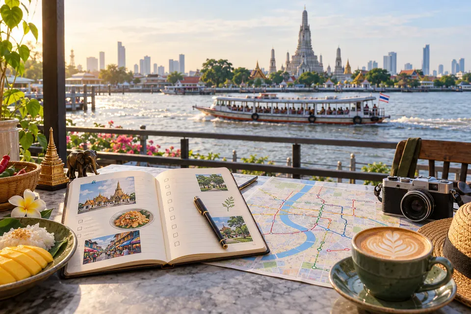 Bangkok itinerary planner with transit map, day notes, and river view
