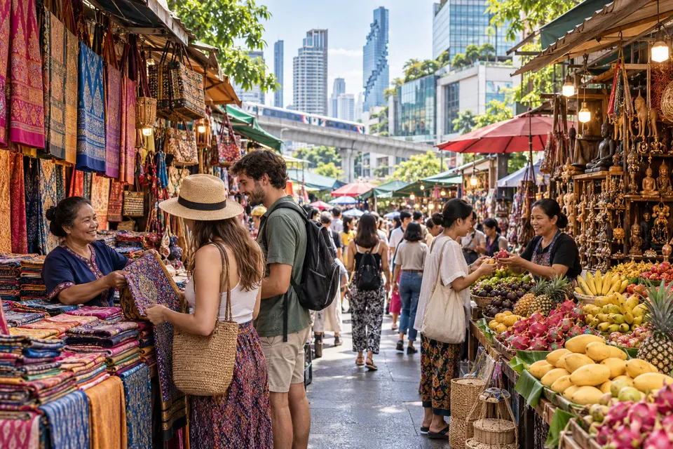 Bangkok market with textiles, produce, crafts, and local shoppers