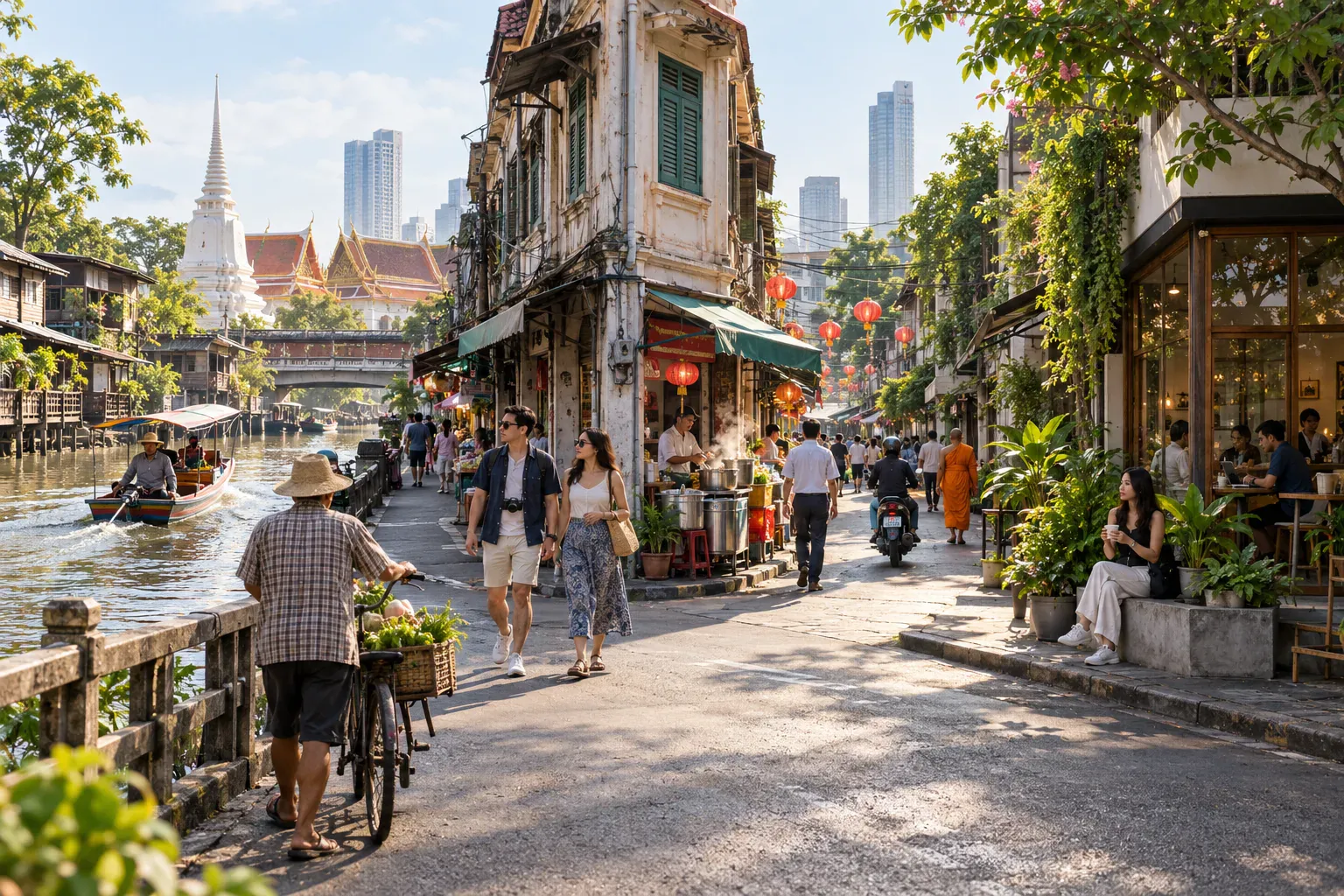 Bangkok canal community, Chinatown shophouses, and a modern cafe lane