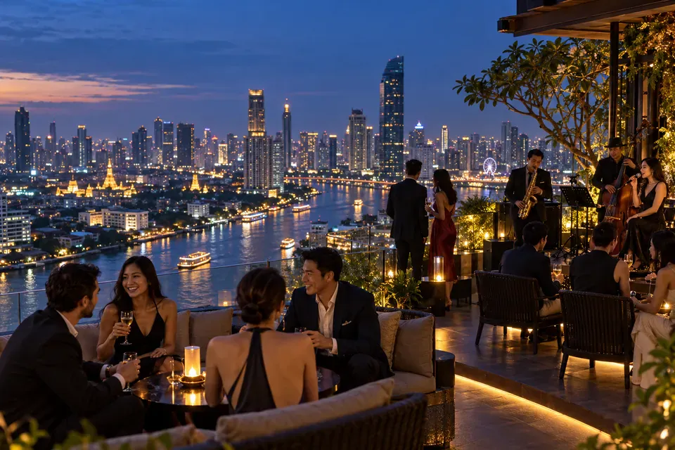 Bangkok rooftop bar overlooking the illuminated skyline and river