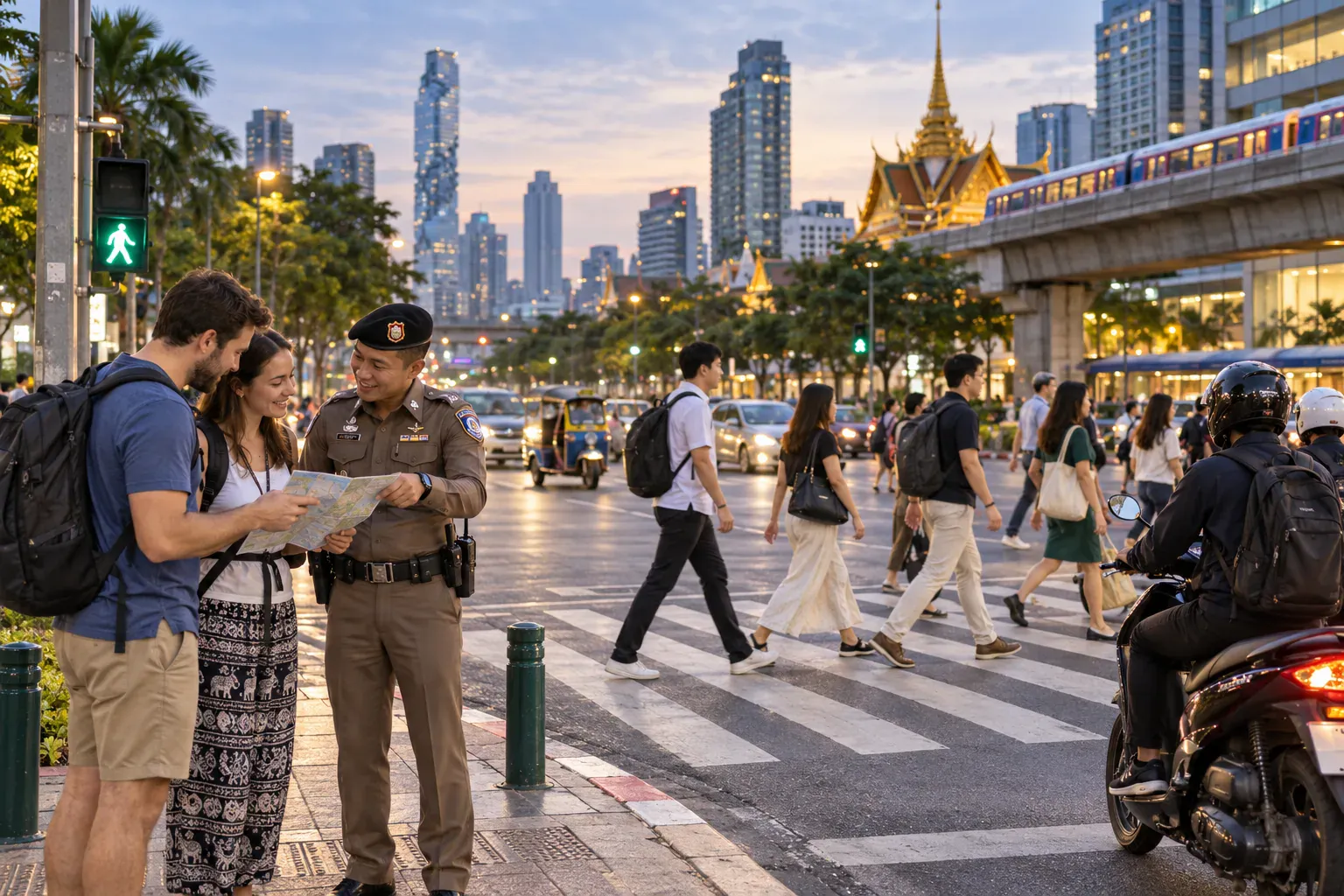 Bangkok pedestrian crossing with tourist police and safe road users