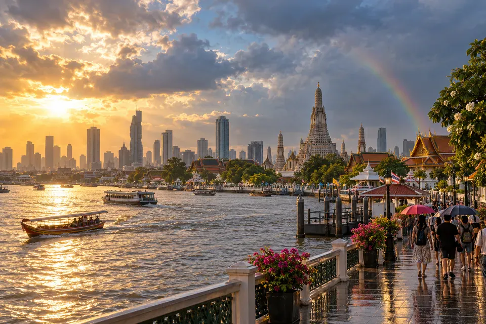Bangkok river and temple roofs under a changing tropical seasonal sky