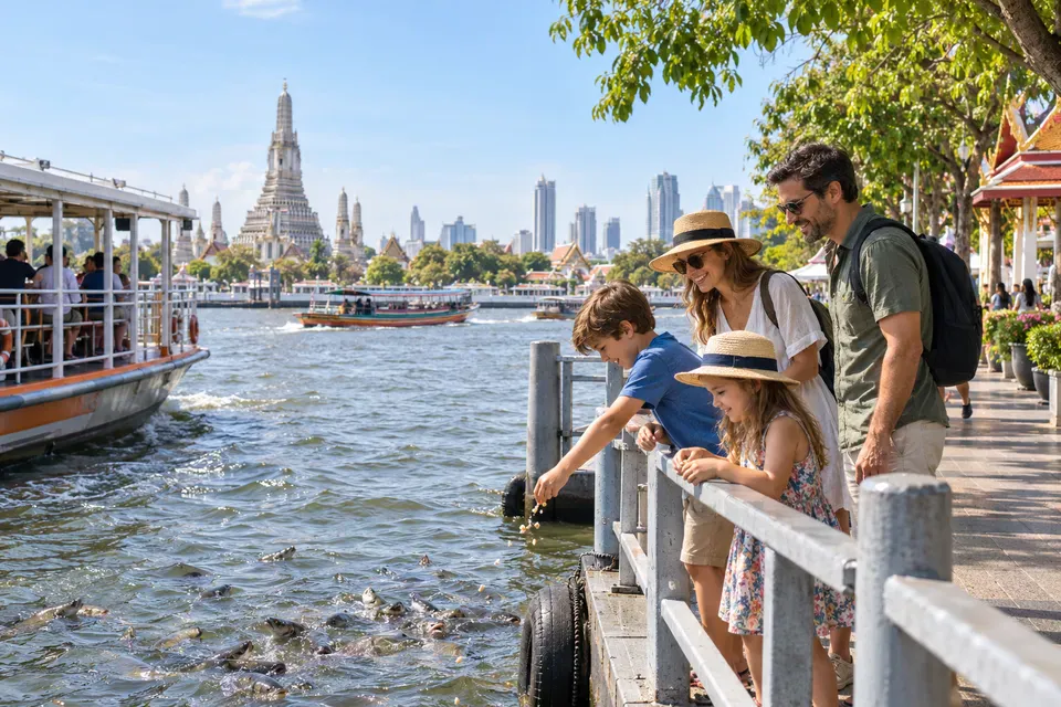 Family riding a Bangkok river ferry near a temple-side park