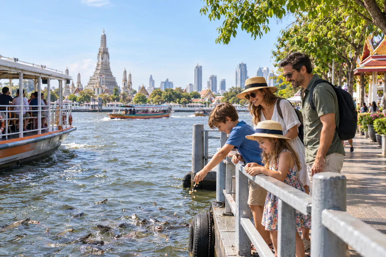 Family riding a Bangkok river ferry near a temple-side park