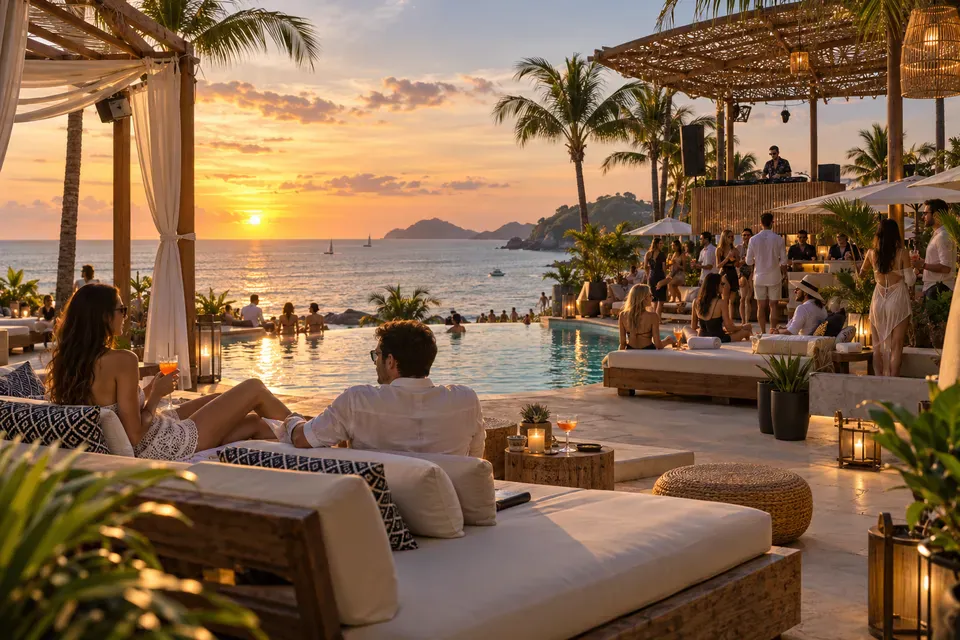 Phuket beach club terrace, pool, daybeds, and Andaman sunset