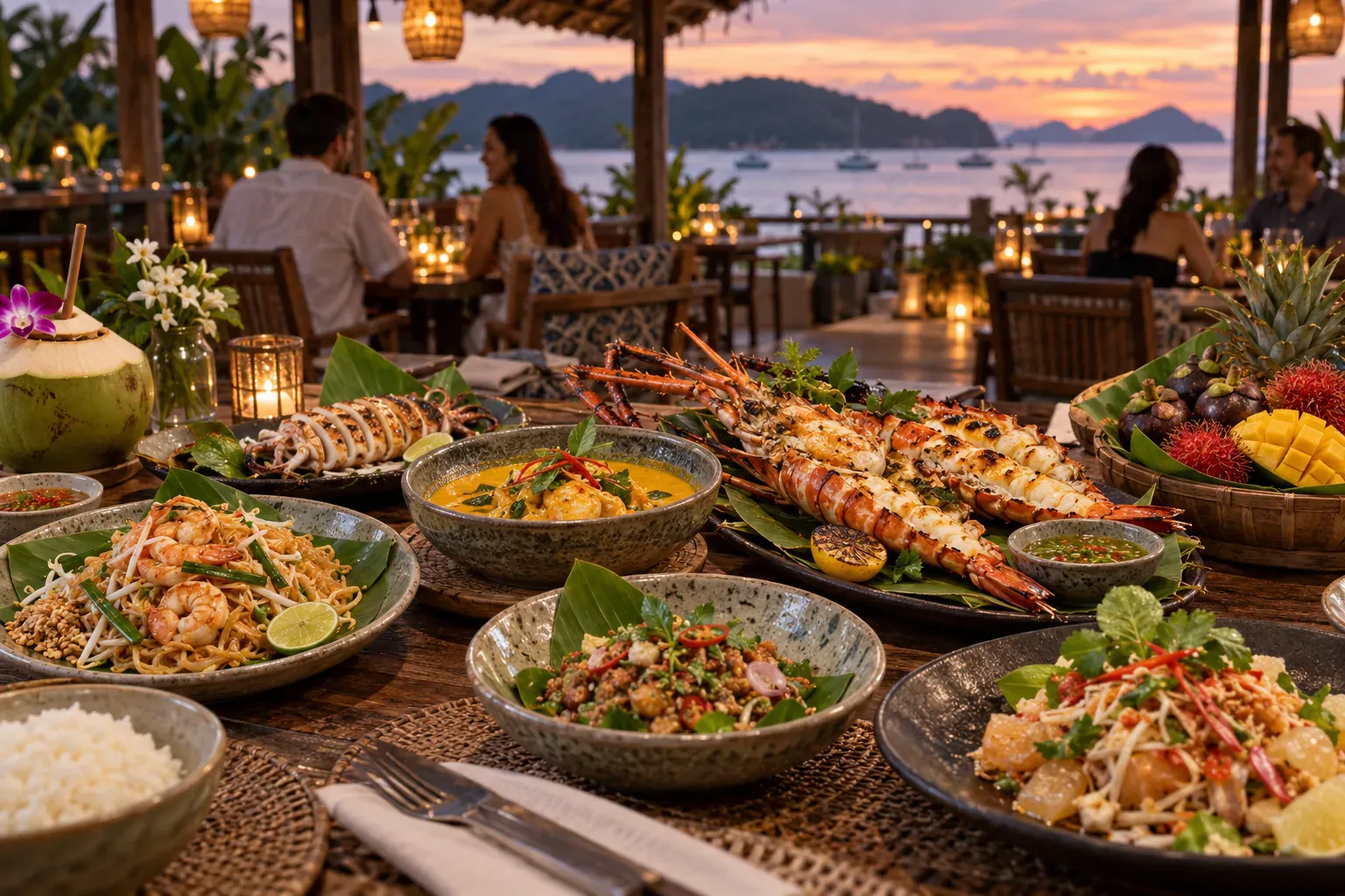 Phuket restaurant table with Southern Thai dishes, seafood, and local produce