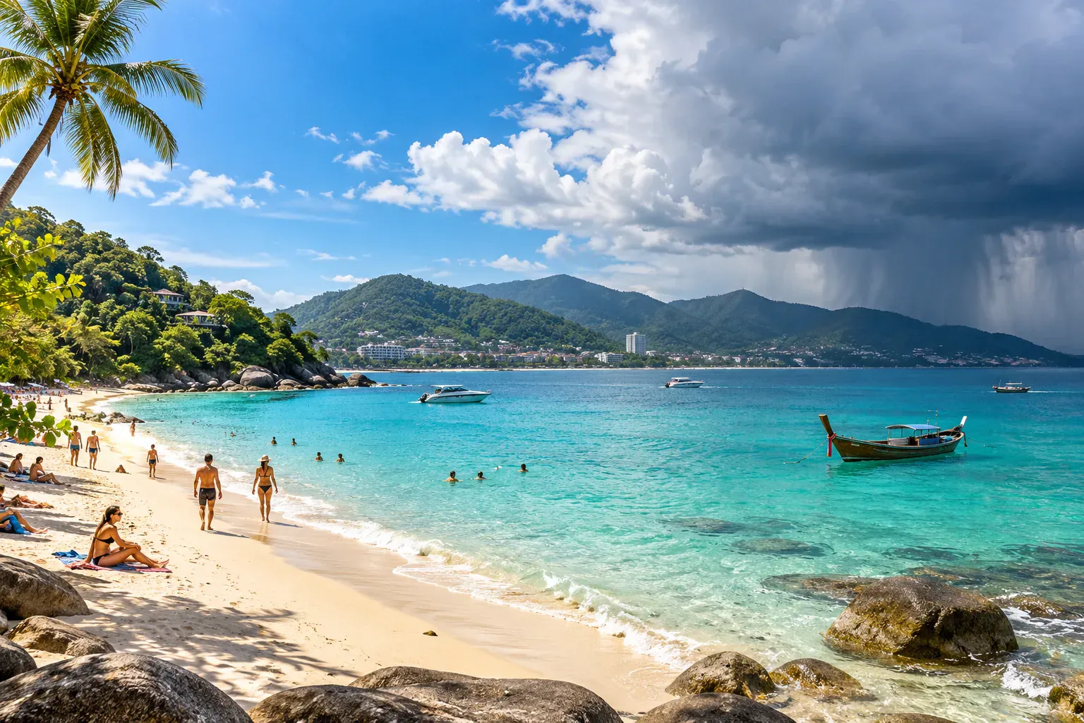 Sunny Phuket beach transitioning toward monsoon clouds over green hills