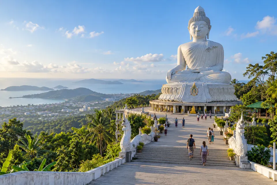 Phuket Big Buddha on Nakkerd Hill above the island coastline