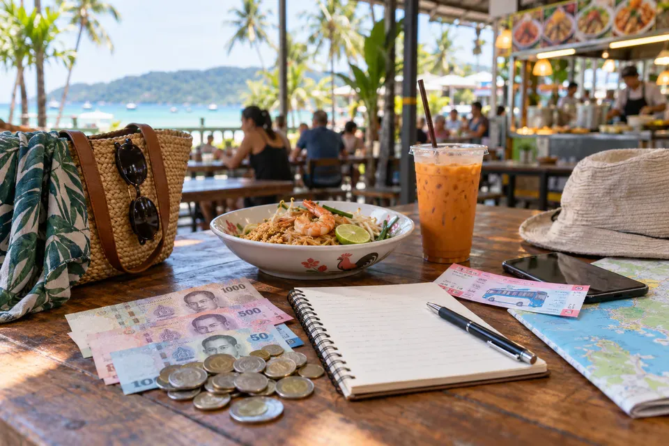 Thai baht, travel expenses, and a local meal on a Phuket food-court table