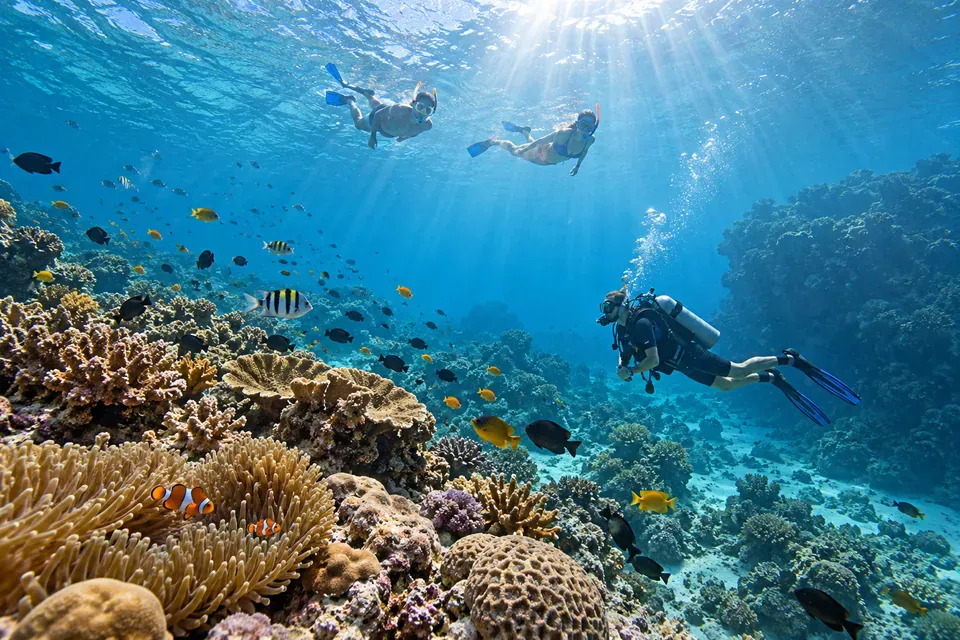 Scuba diver and snorkelers exploring a clear Andaman Sea coral reef