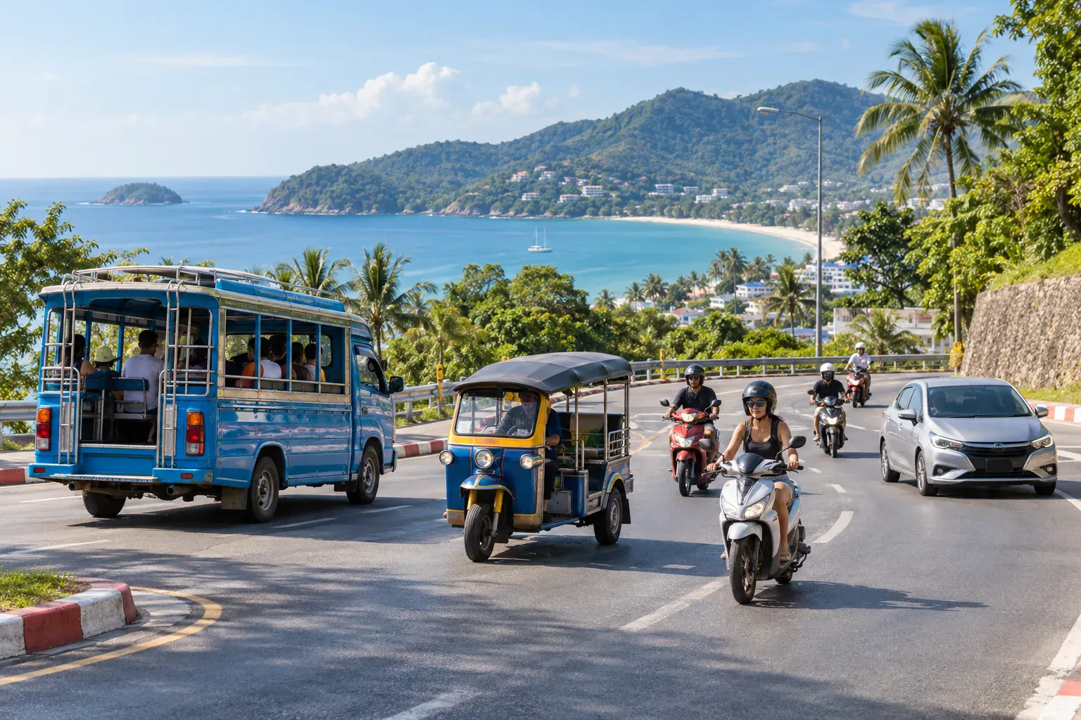 Phuket songthaew, tuk-tuk, scooters, and car traveling on a coastal road