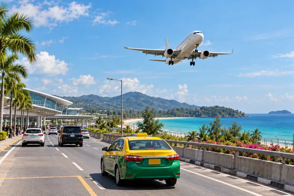 Aircraft approaching Phuket International Airport above the island coastline