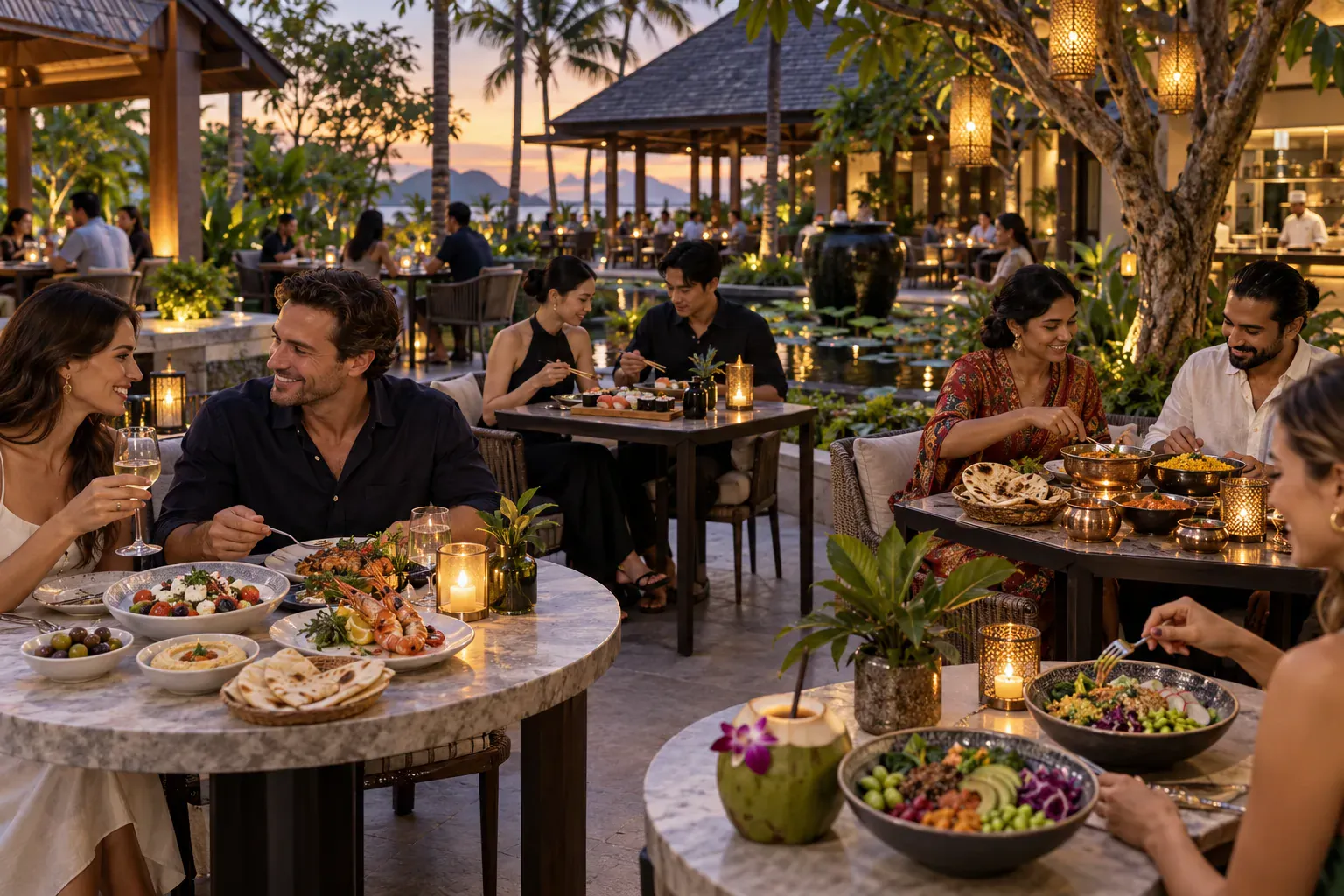International dishes served in a contemporary Phuket dining courtyard