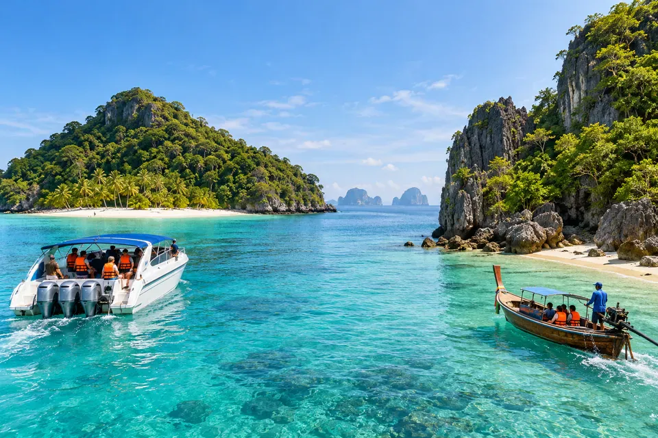 Speedboat and long-tail boat arriving at small Andaman islands near Phuket