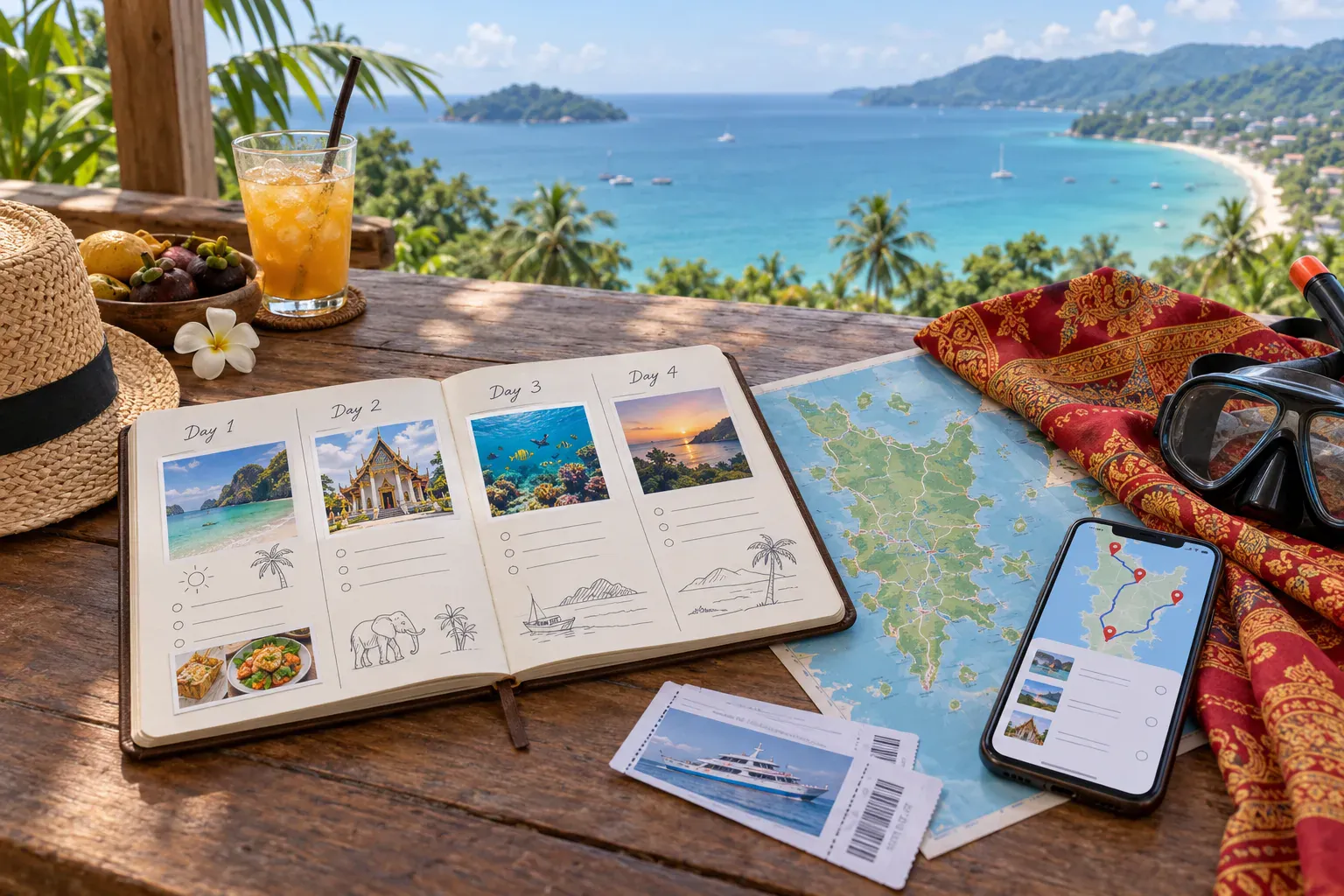 Phuket itinerary planner with daily route notes, map pins, and travel gear