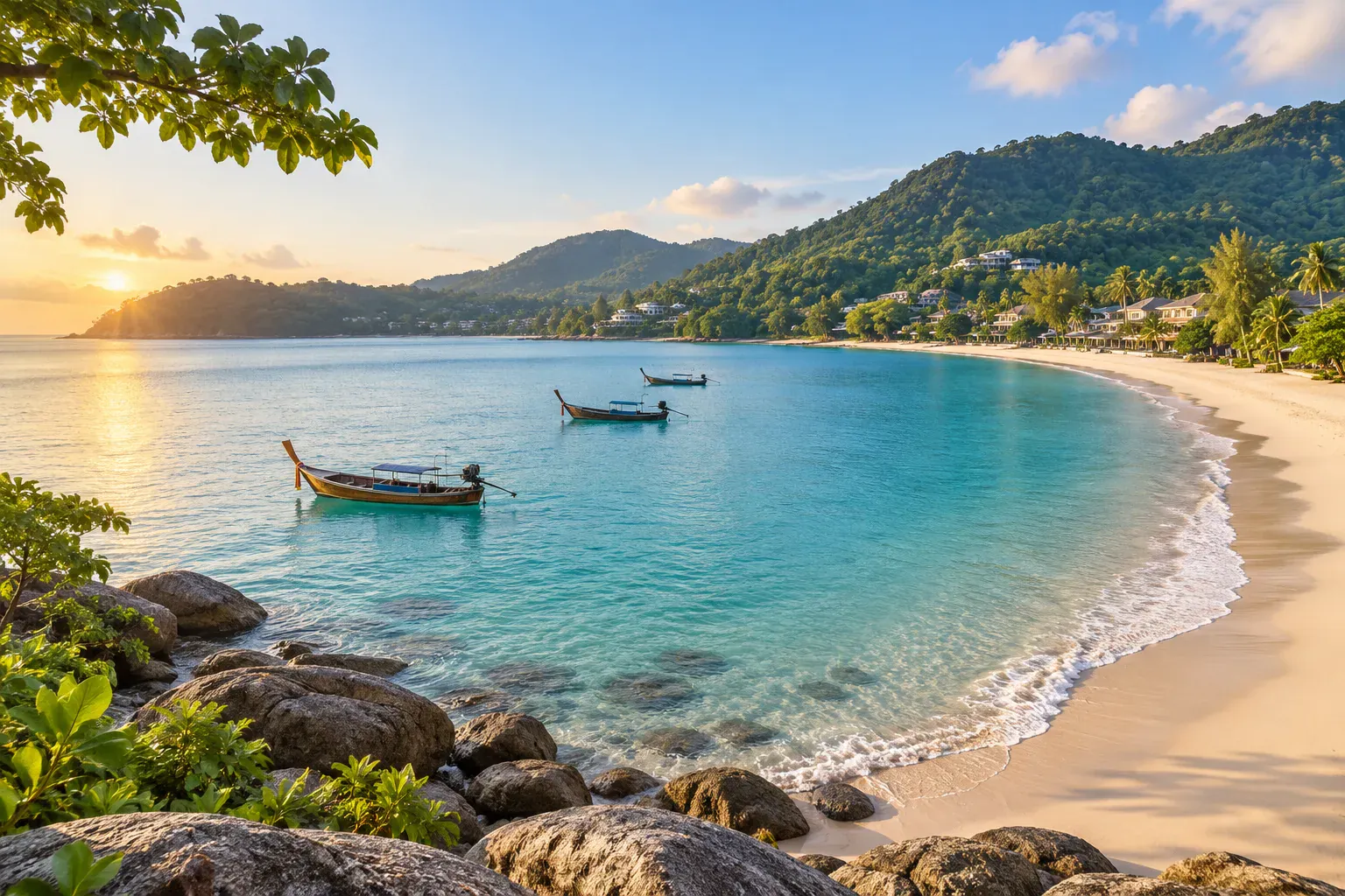 Kamala Beach crescent bay, long-tail boats, and green hills in morning light