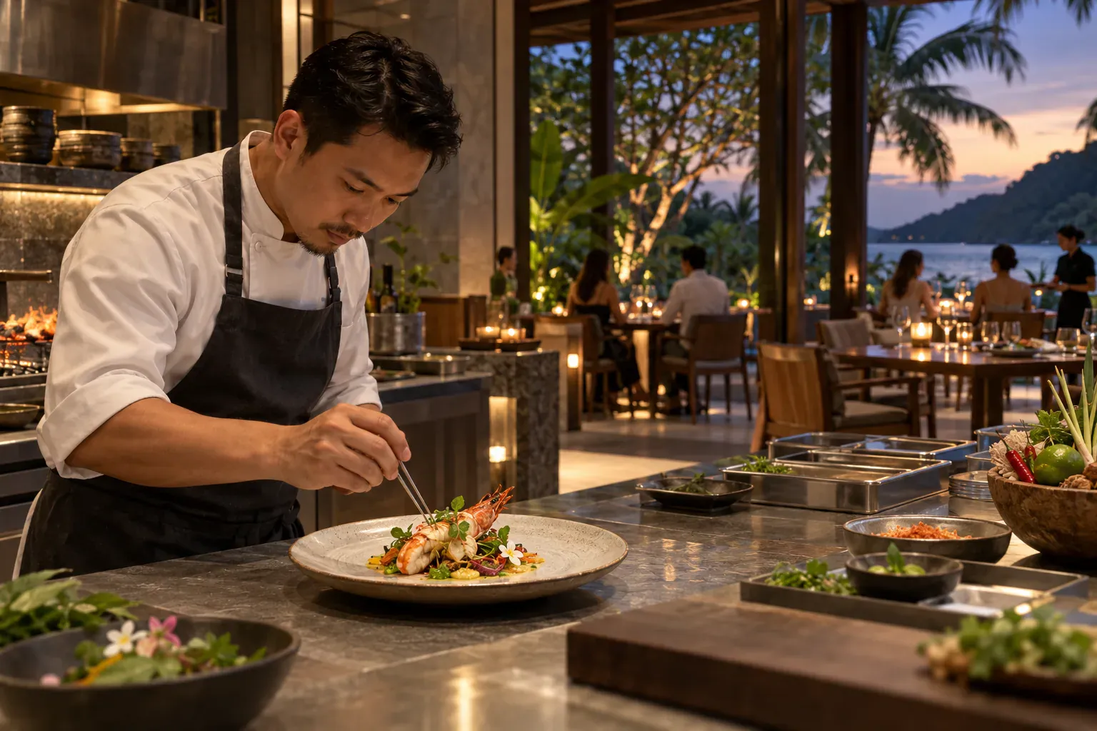 Chef plating a modern Southern Thai seafood dish in a Phuket open kitchen