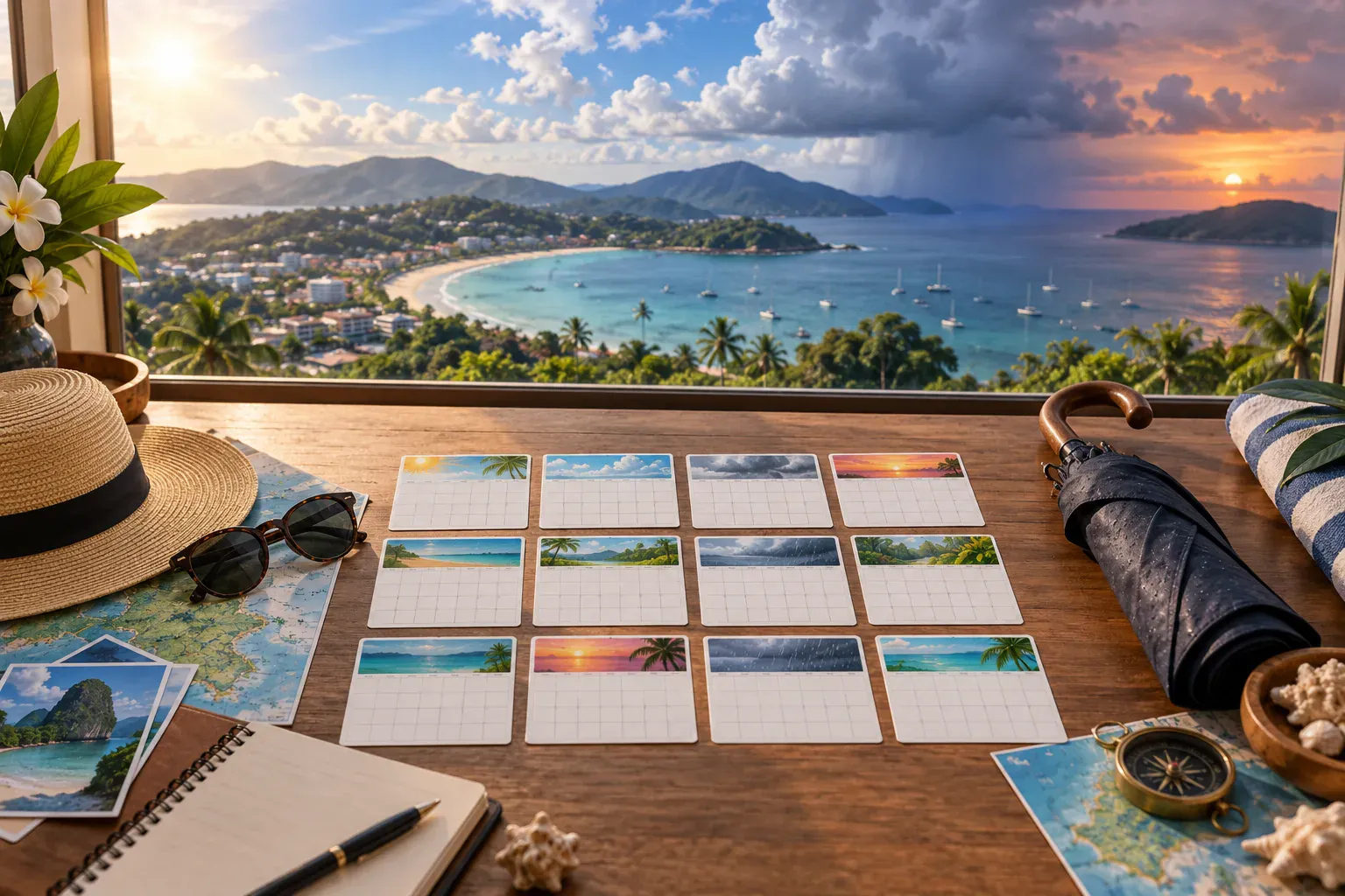 Phuket monthly weather planner with sun, rain, and travel gear