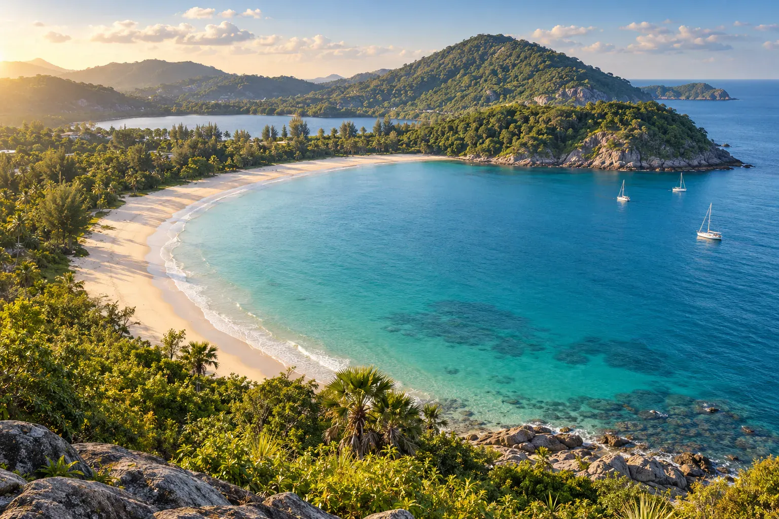 Nai Harn Beach sheltered bay, forested hills, and small sailboats