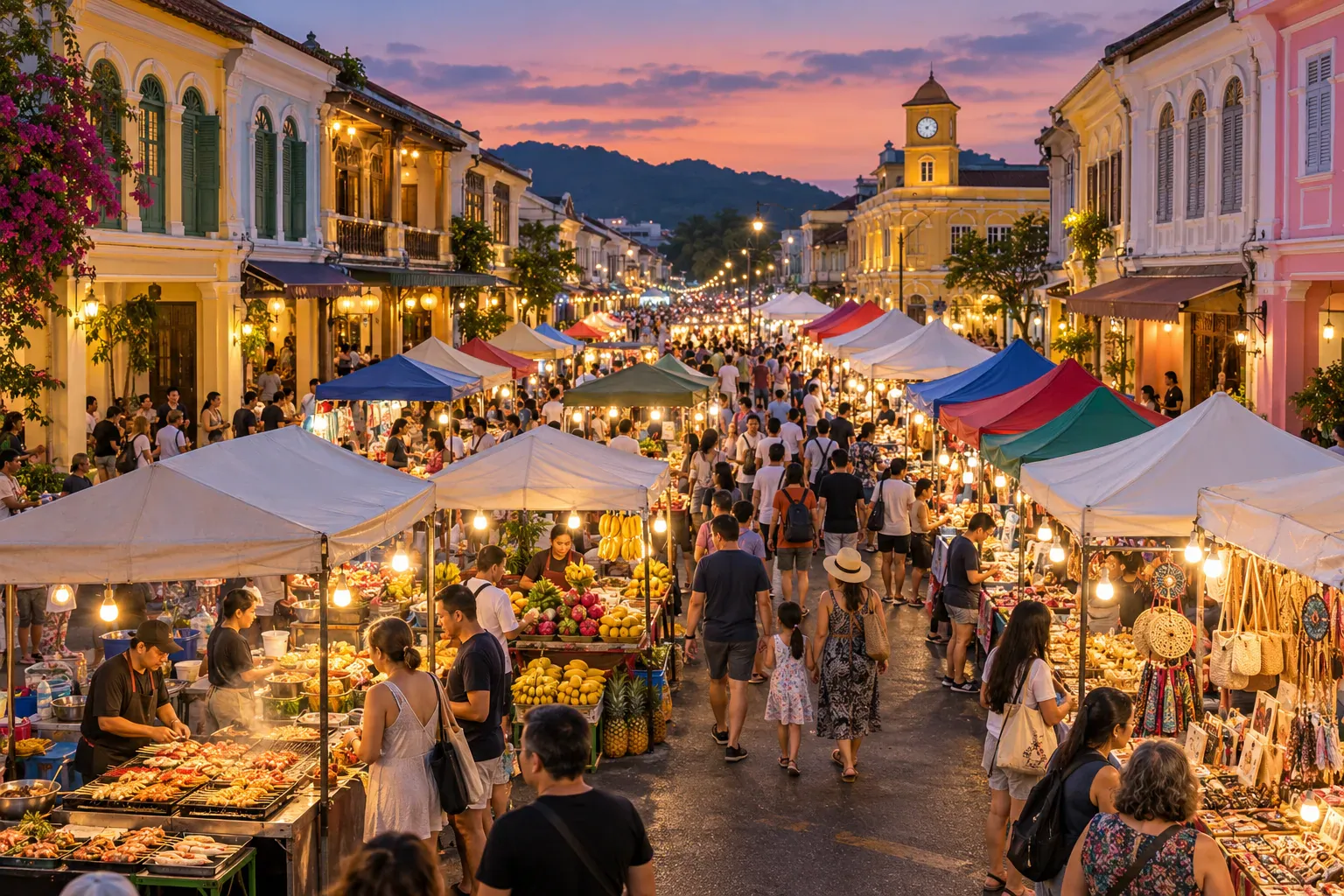 Phuket evening market with food stalls, crafts, families, and warm lights