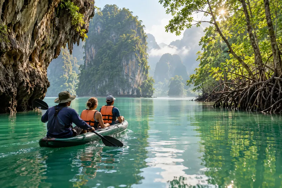 Sea canoe passing limestone karsts and mangroves in Phang Nga Bay