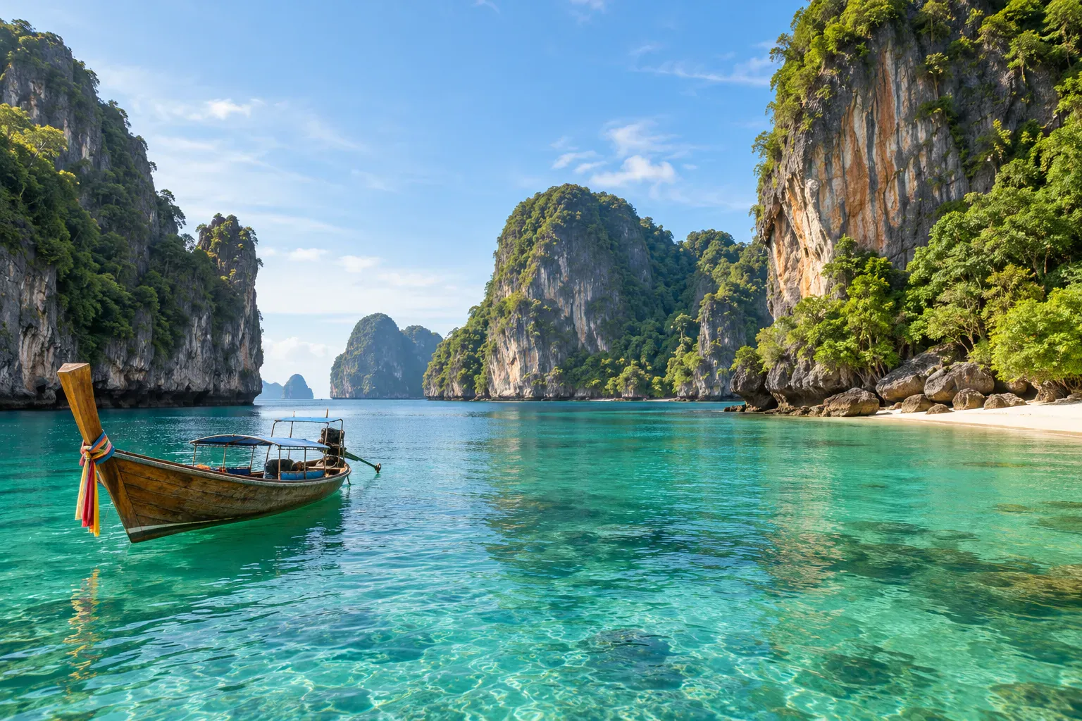 Phi Phi limestone cliffs, emerald water, and a traditional long-tail boat
