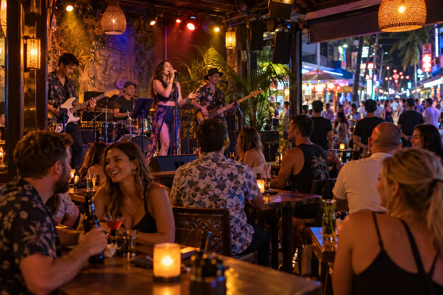 Live cover band performing in an open-front Phuket bar with visitors seated beside the nightlife street