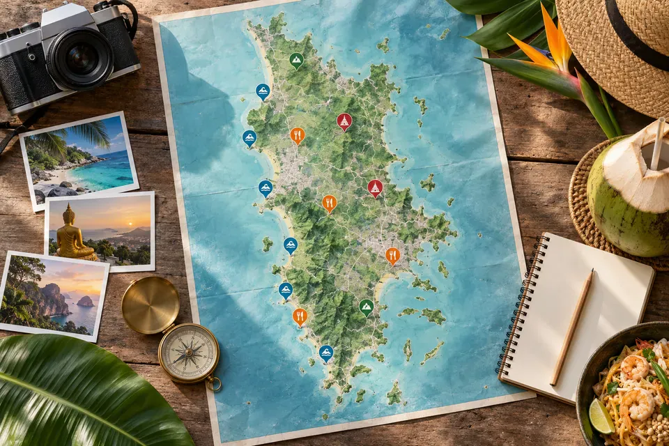 Phuket island map with color-coded pins for beaches, food, temples, and viewpoints
