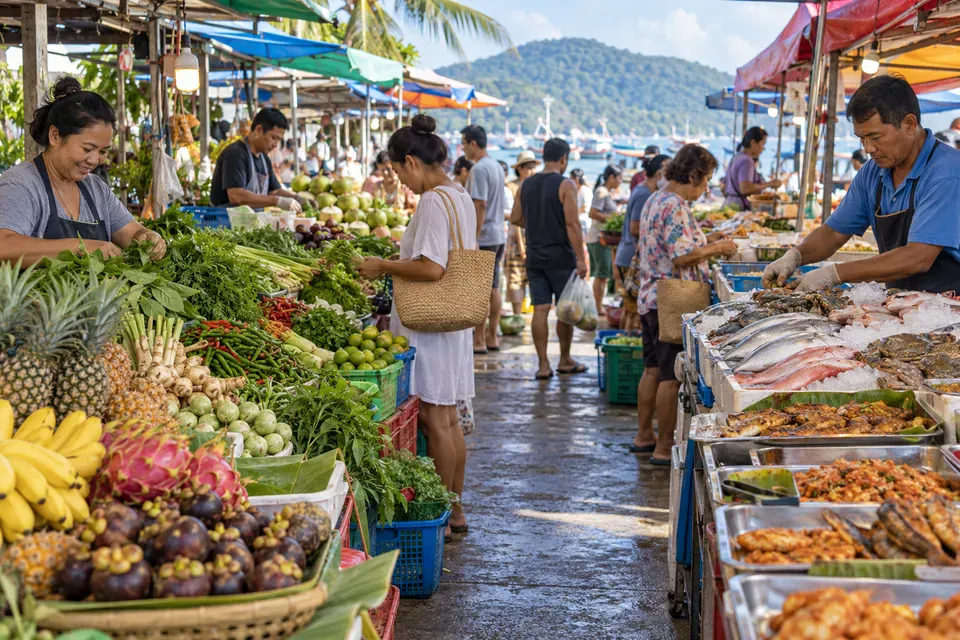 Local Phuket market with tropical fruit, herbs, seafood, and shoppers