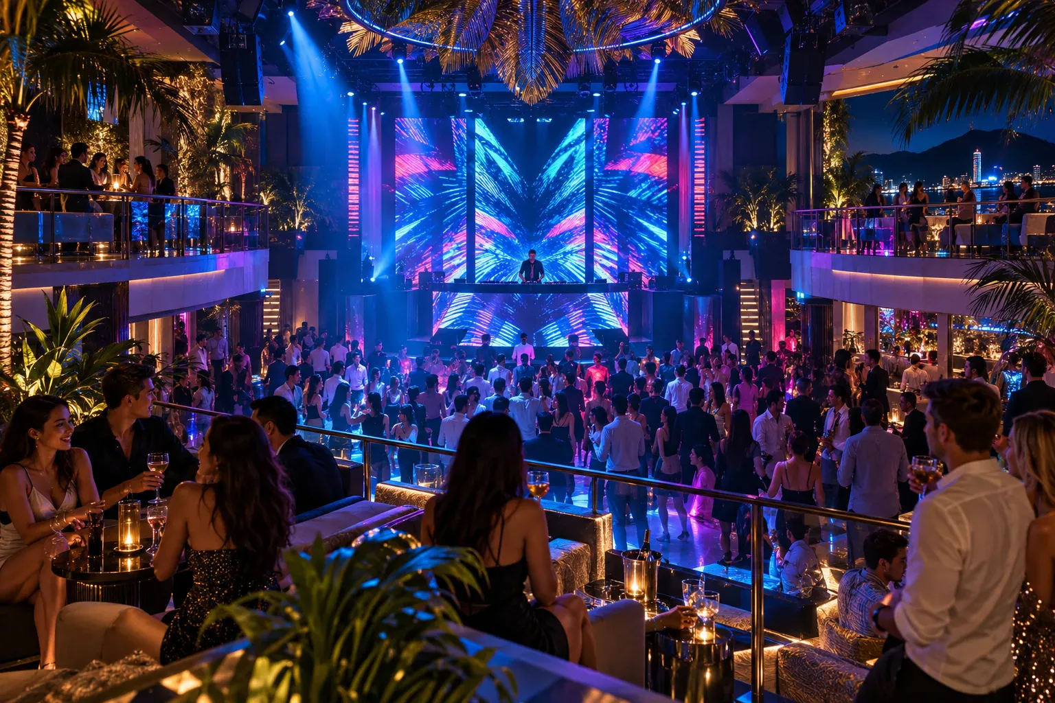 Large multi-level Phuket nightclub with a DJ stage, LED lighting, dance floor, and VIP balconies