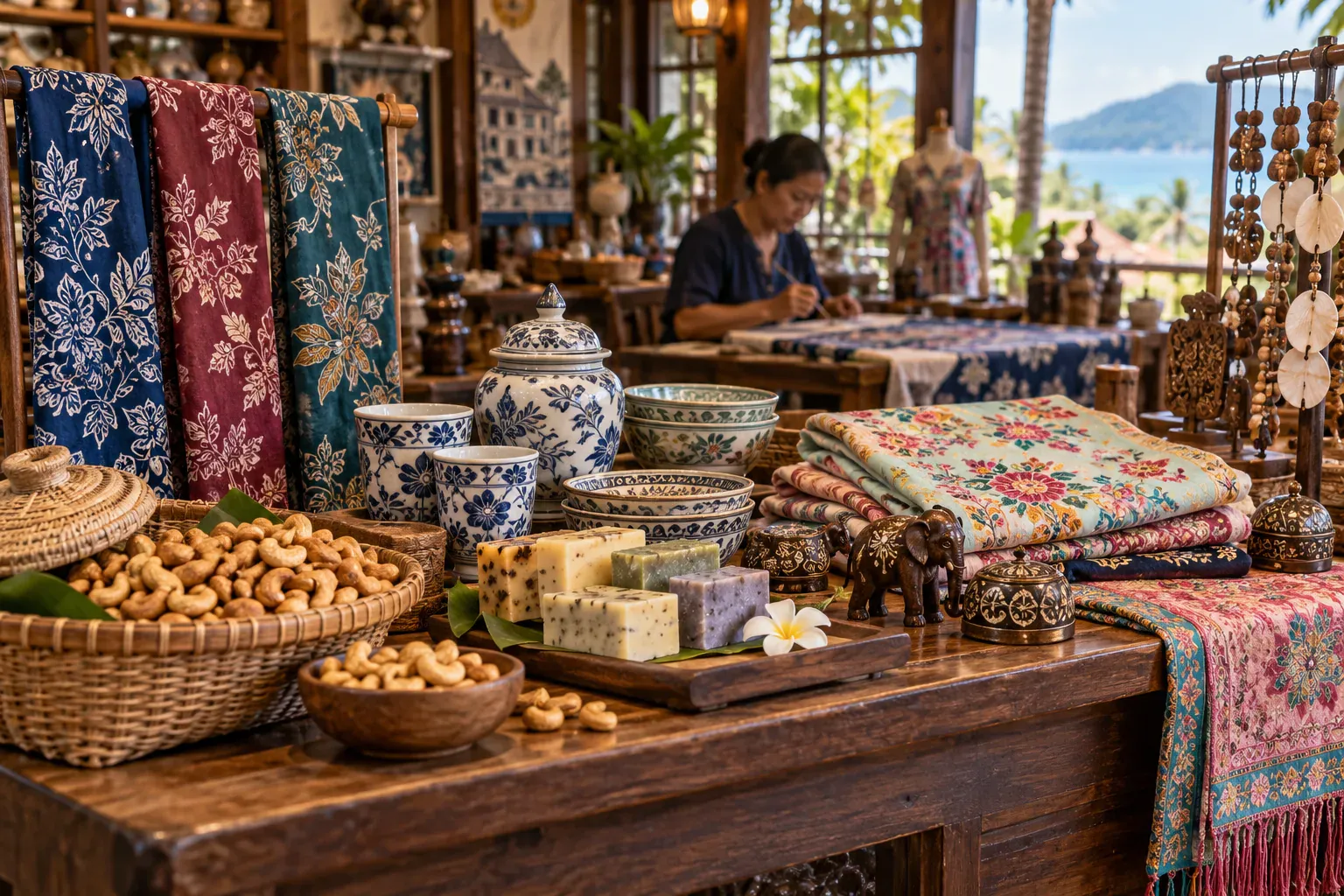Locally made Phuket batik, ceramics, food gifts, and artisan crafts