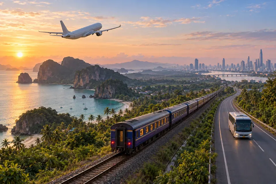 Air, rail, and coach travel routes connecting Phuket and Bangkok