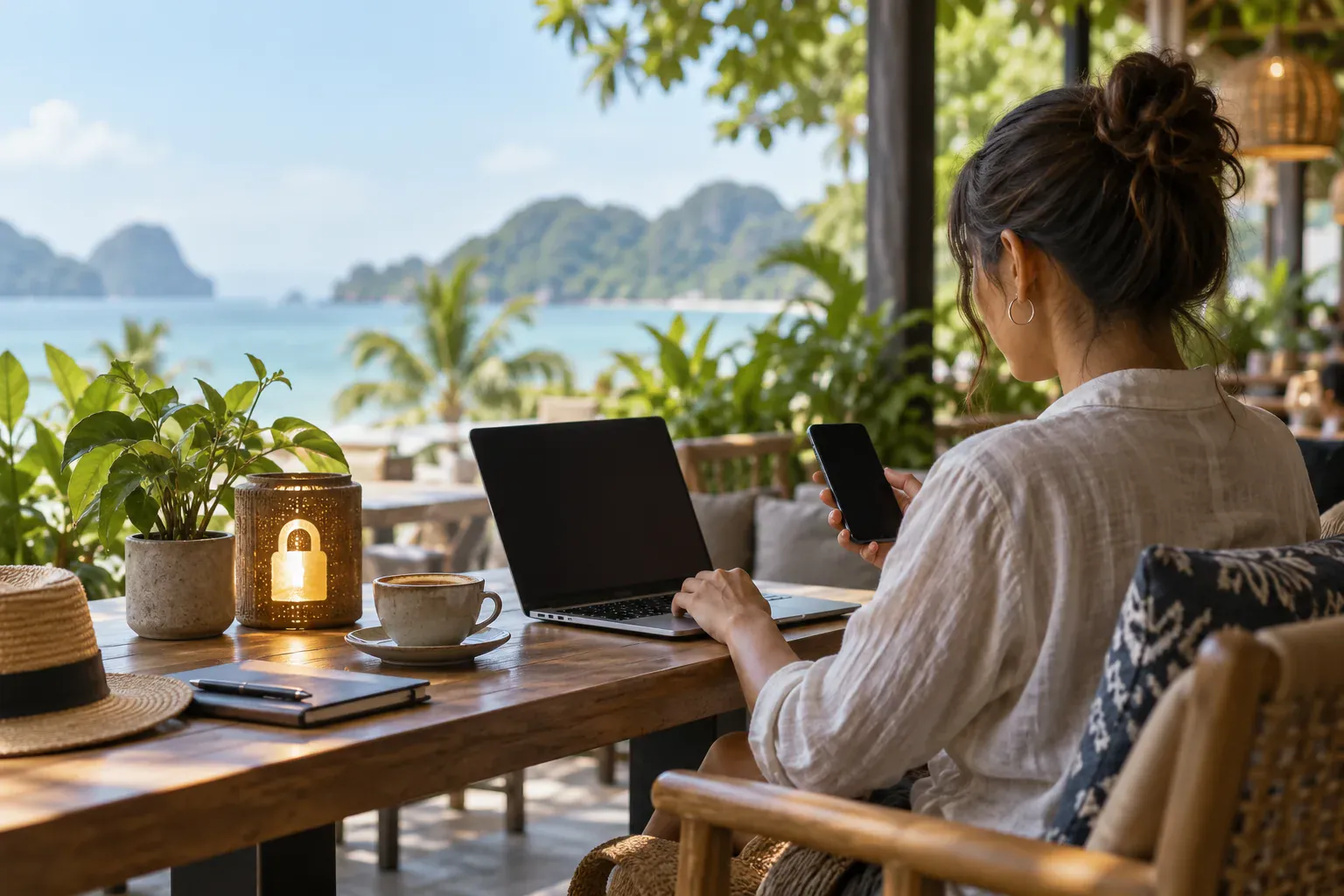 Traveler using a phone and laptop privately in a quiet Phuket cafe