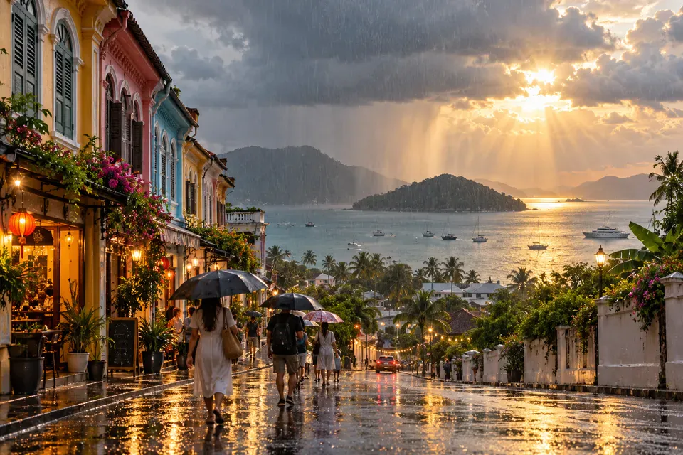 Monsoon shower over a Phuket bay with sunlight breaking through the clouds