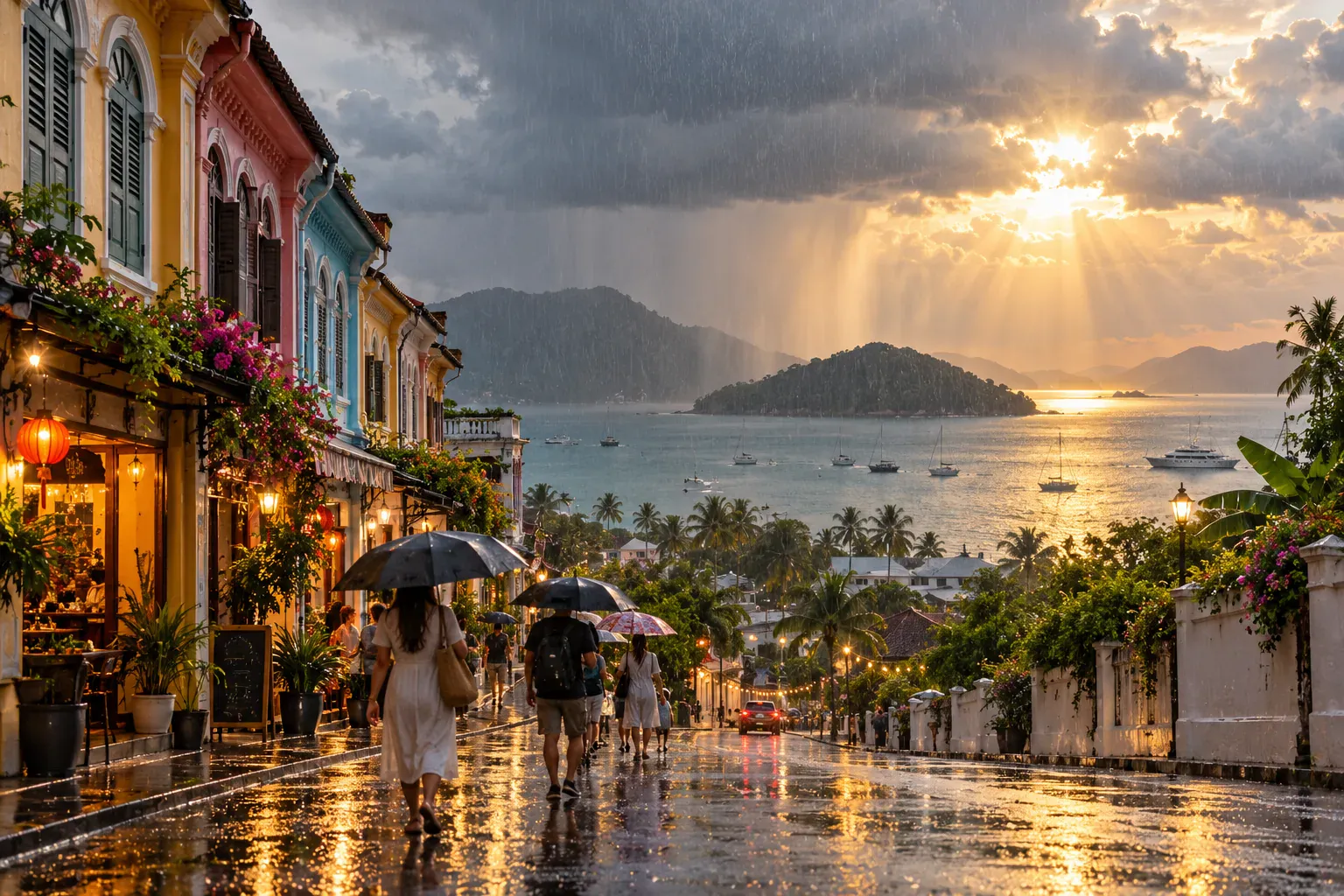 Monsoon shower over a Phuket bay with sunlight breaking through the clouds