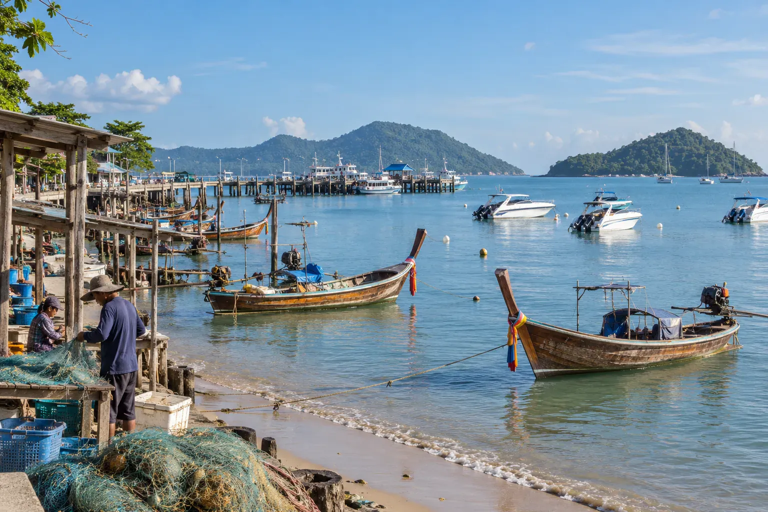 Rawai and Chalong working waterfront with long-tail boats and island views