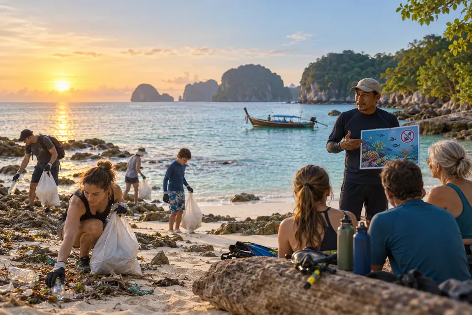 Travelers and a local guide caring for a Phuket beach before snorkeling