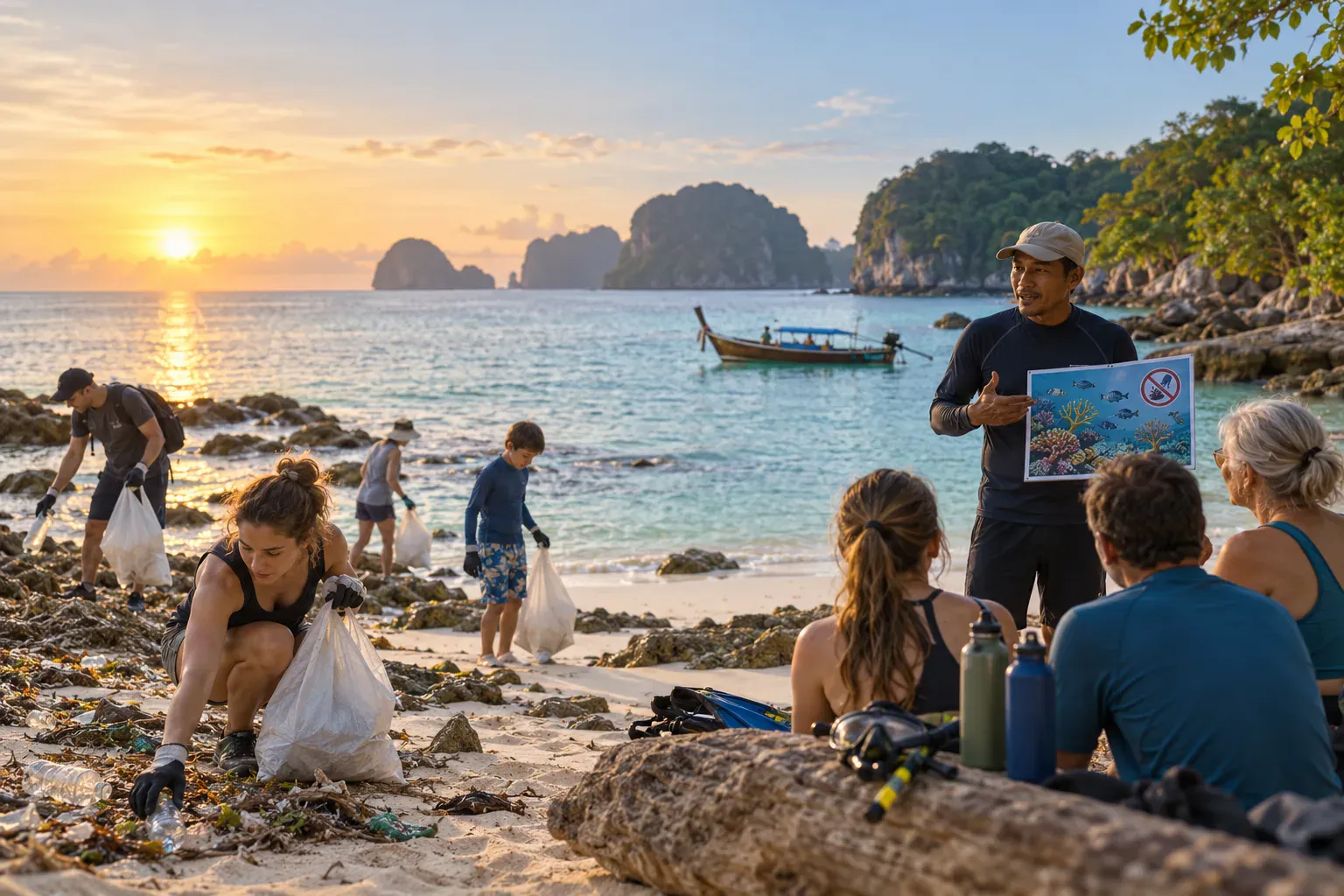 Travelers and a local guide caring for a Phuket beach before snorkeling