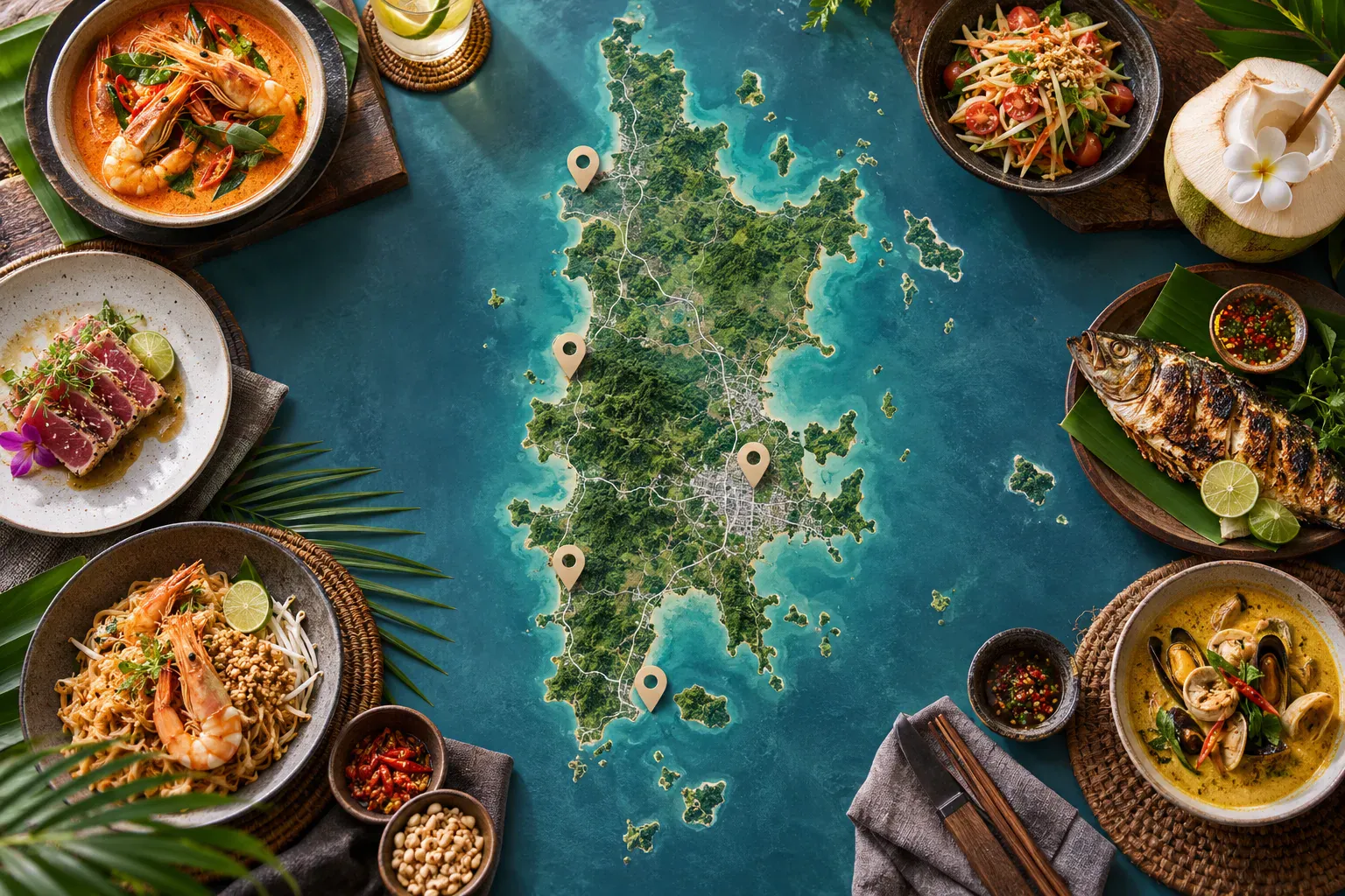 Phuket dining map arranged with dishes and location pins for restaurant areas